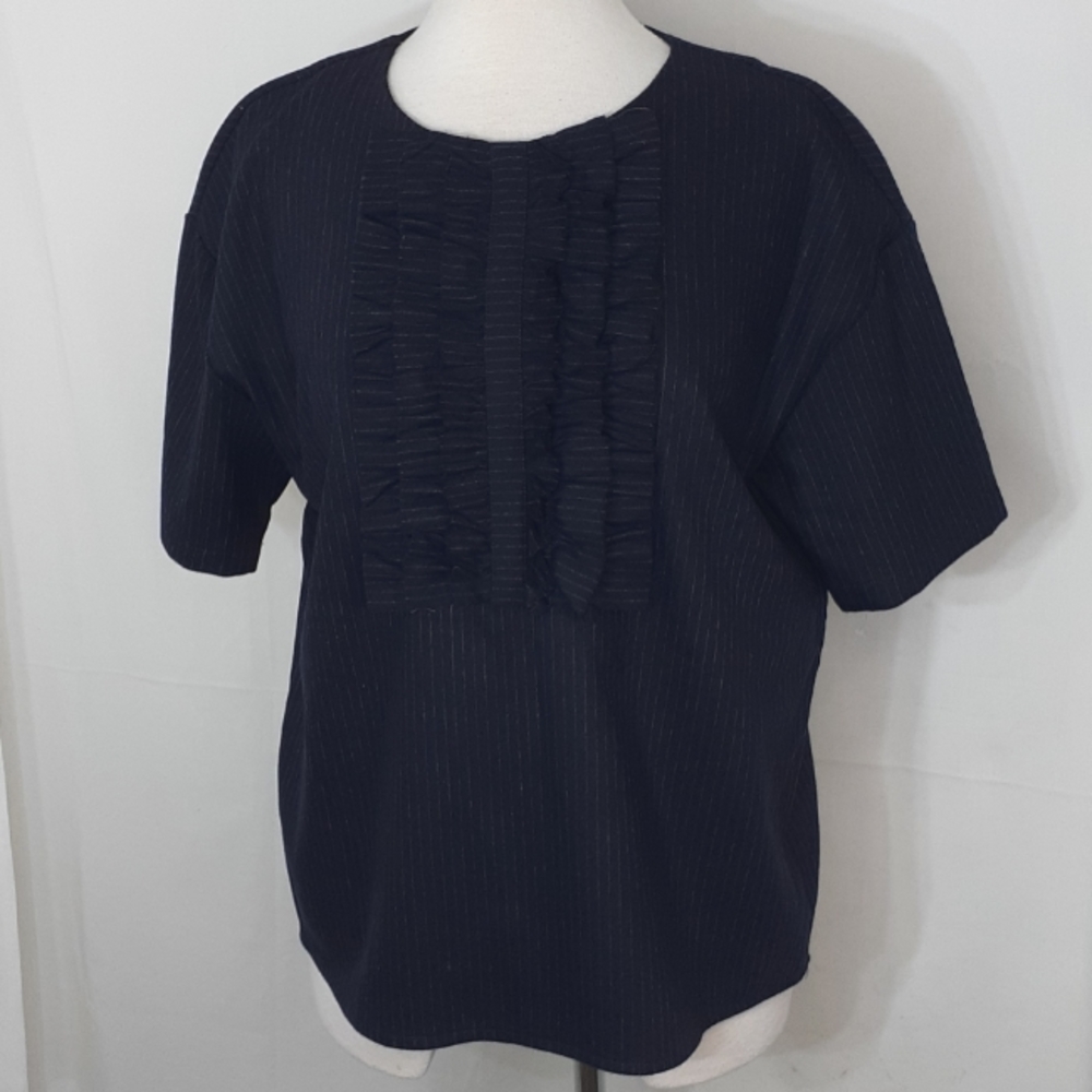 Each and other navy blue and white pinstripe ruffled blouse size large NWT
